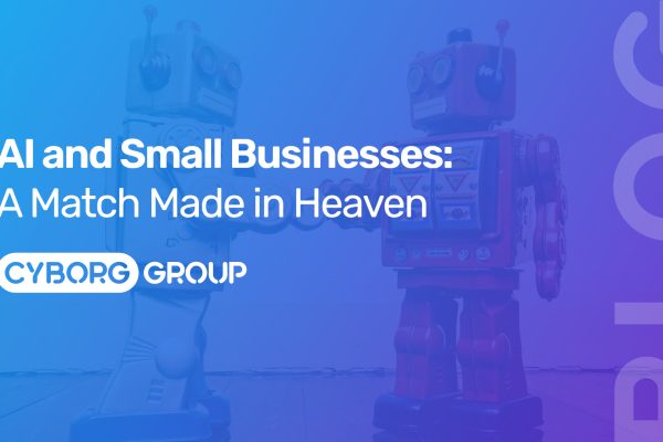 A thumbnail for a blog post about AI and Small Businesses: A Match Made in Heaven. Blue and purple background with the word blog and the company logo of Cyborg Group - Web Design, Hosting & SEO Services based in Penarth