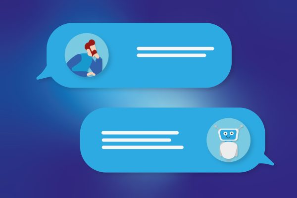 The image shows 2 speech bubbles, one has a human avatar the other has a robot avatar demonstrating a chat between human and AI like ChatGPT
