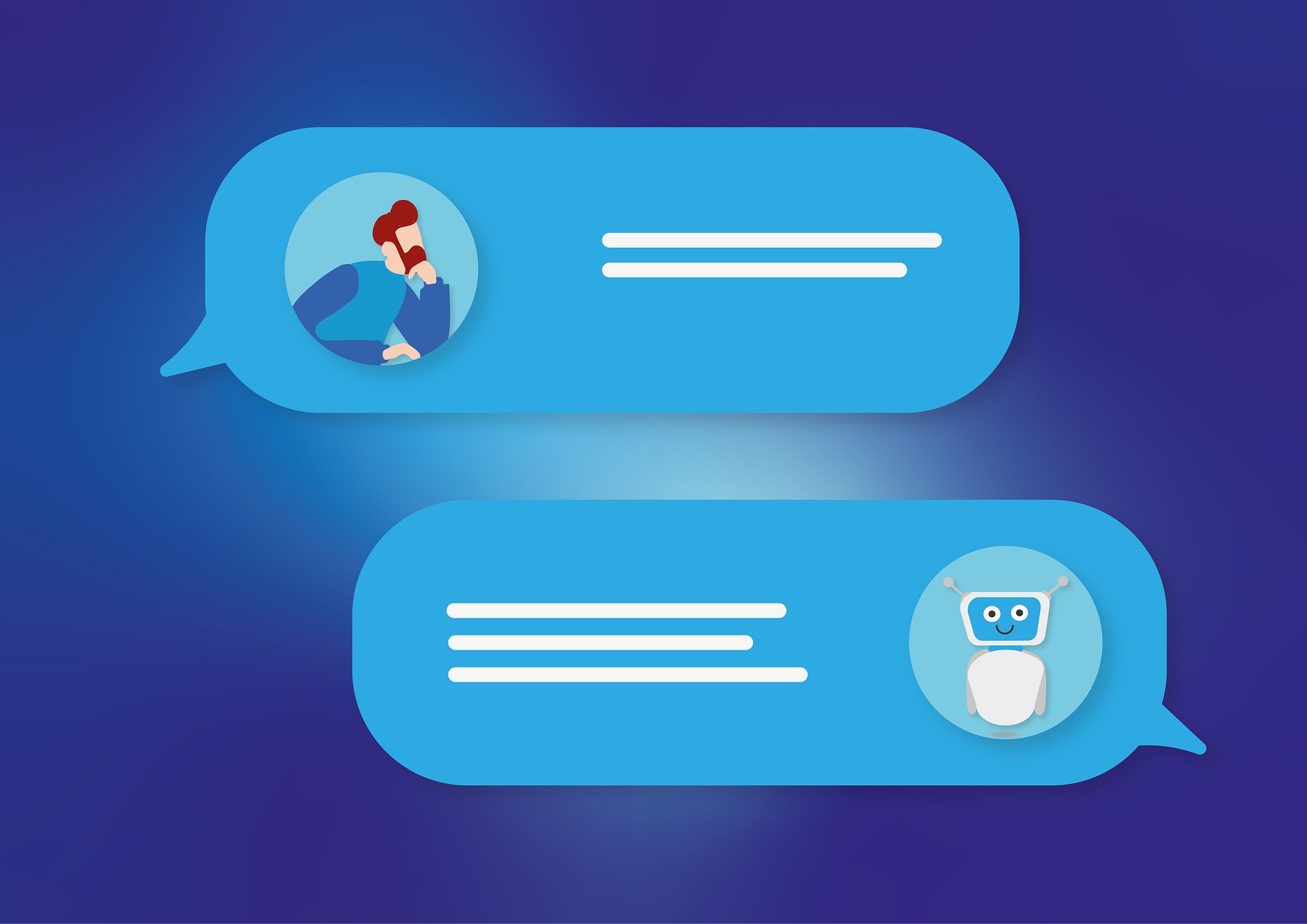 THE IMAGE SHOWS 2 SPEECH BUBBLES, ONE HAS A HUMAN AVATAR THE OTHER HAS A ROBOT AVATAR DEMONSTRATING A CHAT BETWEEN HUMAN AND AI LIKE CHATGPT