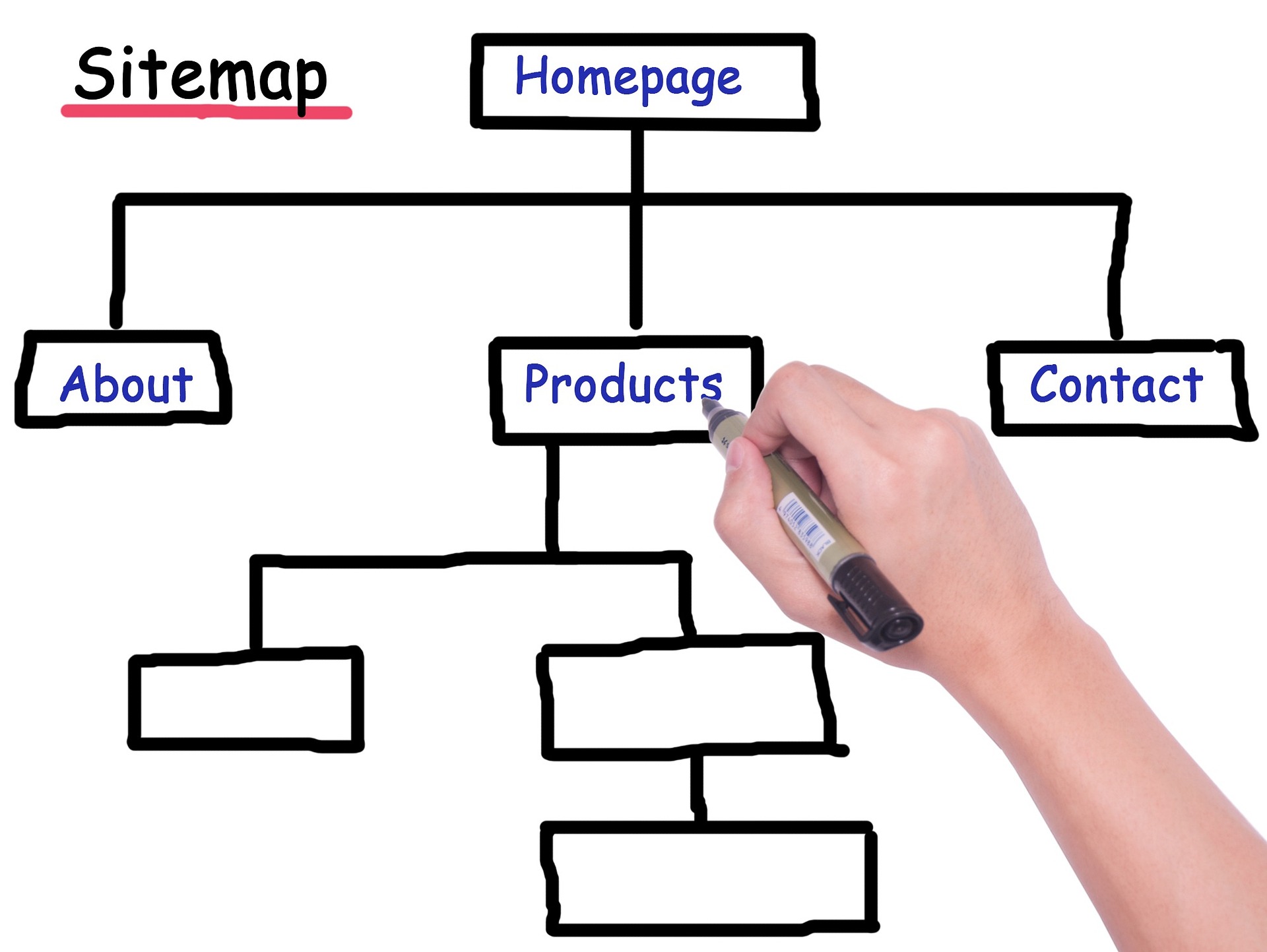 THIS IMAGES SHOWS A HAND WRITING A WEBSITE SITEMAP INCLUDING A HOMEPAGE, ABOUT PAGE, PRODUCTS PAGE AND CONTACT PAGE. THIS SUMS ABOUT IN THE SIMPLEST FORM WHAT A SITEMAP STRUCTURE LOOKS LIKE.